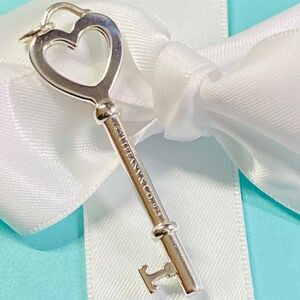 Tiffany & Co. Retired Sterling Silver Heart Key Pendant Charm 2” w/ Box & Pouch